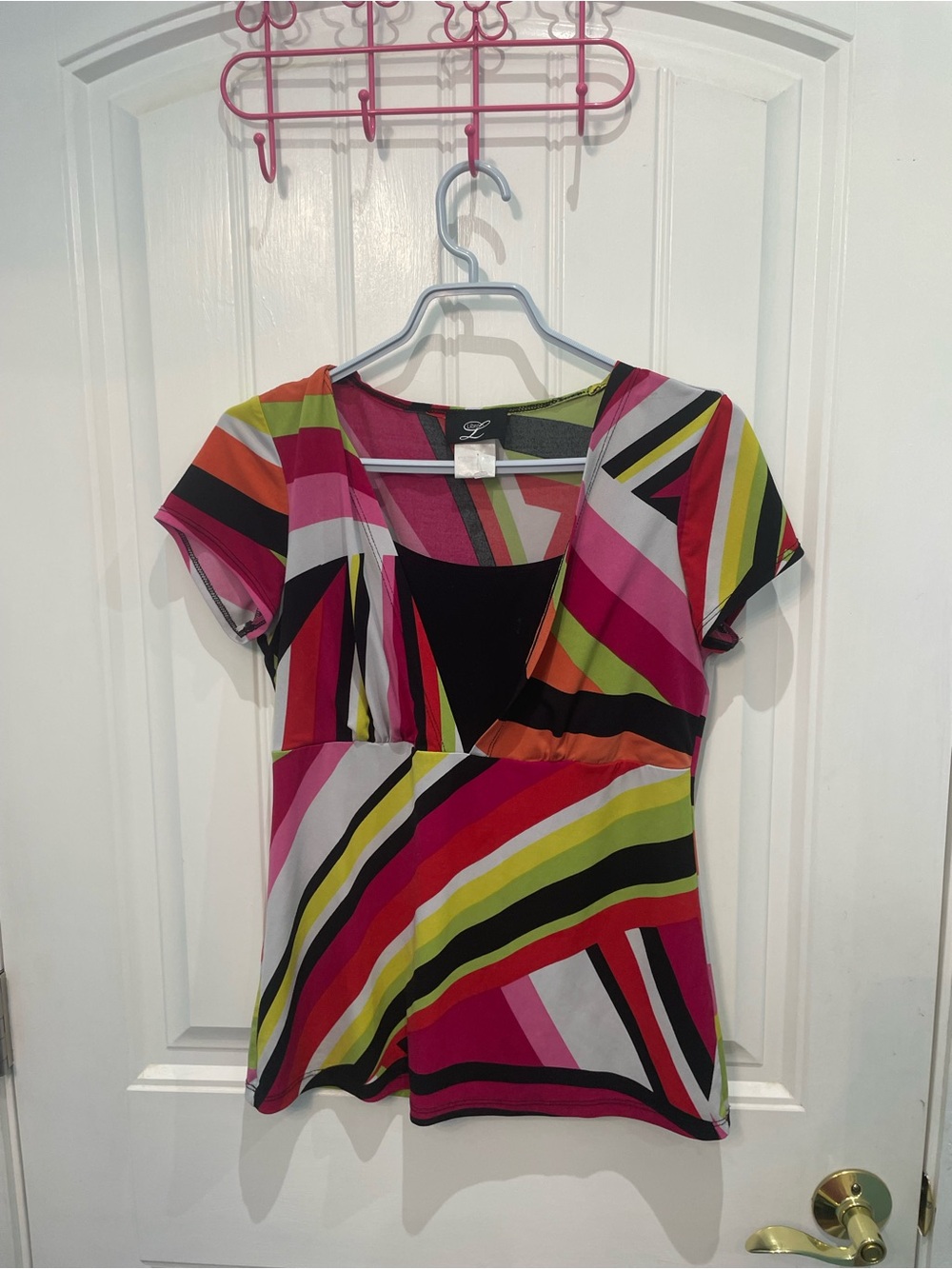 Striped V-Neck Short Sleeve Top in Pink, Black & Green